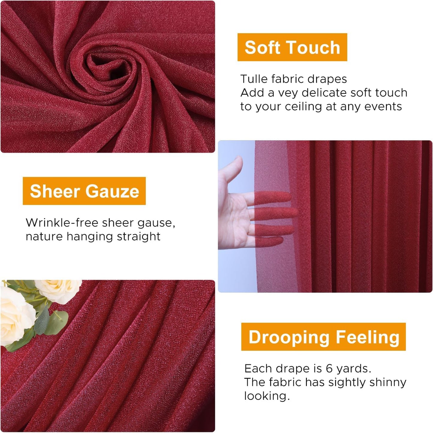 Wedding Arch Draping Fabric 4 Panels 28.7" x 20FT Burgundy Sheer Chiffon Backdrop Drapes for Wedding Ceremony Birthday Party Bridal Shower Outdoor Decoration