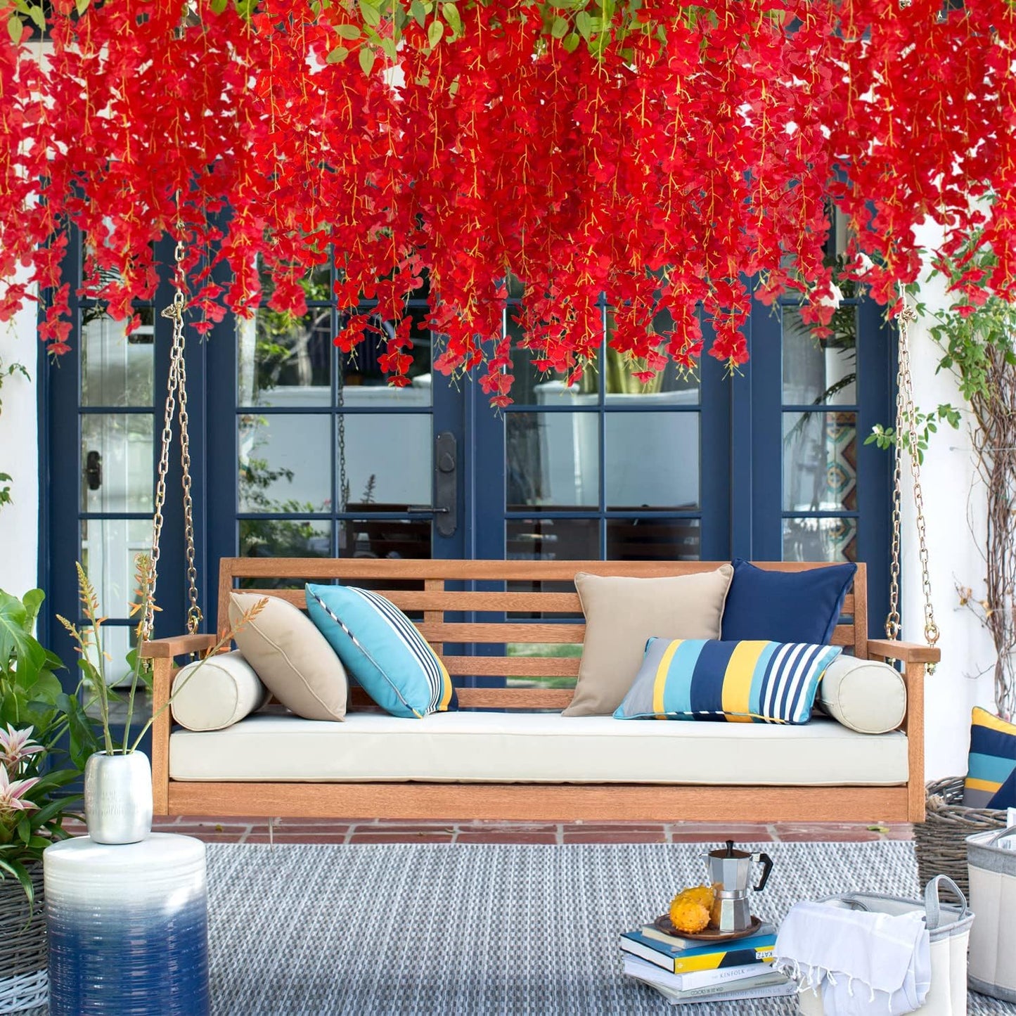 24 Pack Artificial Fake Wisteria Vine Ratta (3.75 Feet) Hanging Garland Silk Flowers String Home Party Wedding Decor (Red)