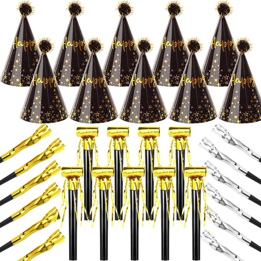 34 Pcs Birthday Party Hats - Gold Cone Hats Including 12 Paper Hats and 22 Noise Makers