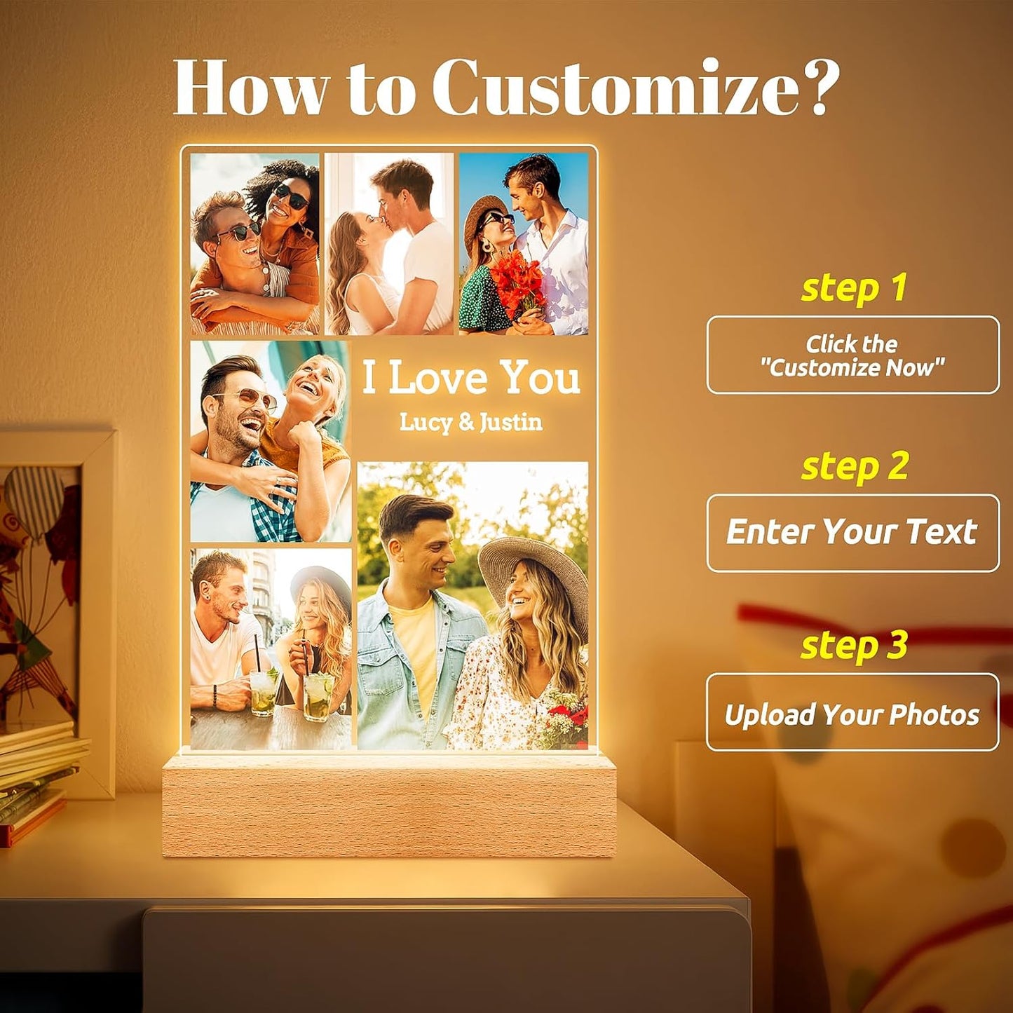 Custom Couple Picture Frames with Photos, Customized Acrylic Plaque Photo Frame with Night Light, Personalized Anniversary Birthday Gifts for Women Men Him Her Boyfriend Girlfriend