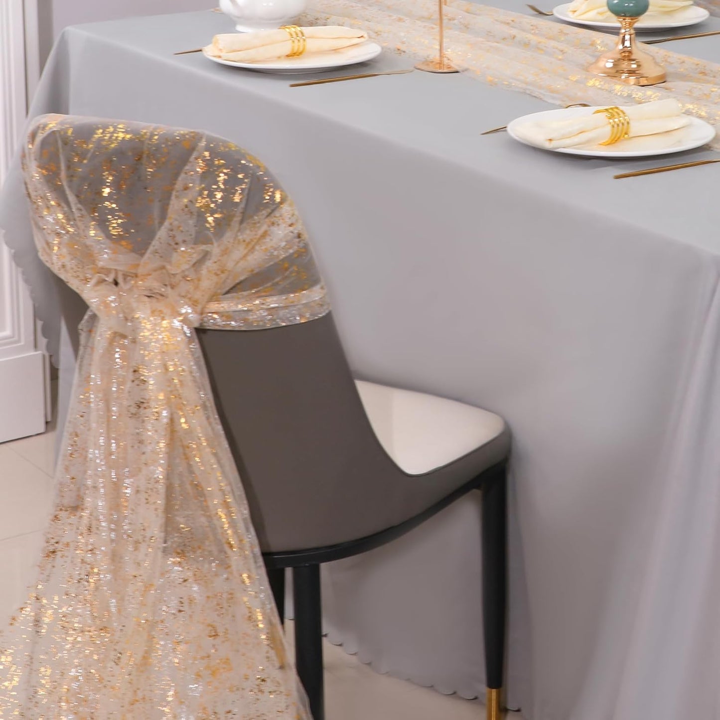 Snowkingdom 3Pcs 10 Ft Gold Table Runners, Sheer Chiffon Tulle Cheesecloth Wedding Runner, Golden Sequin Glitter Metallic Foil Party Table Decorations Centerpieces for Wedding Birthday Christmas