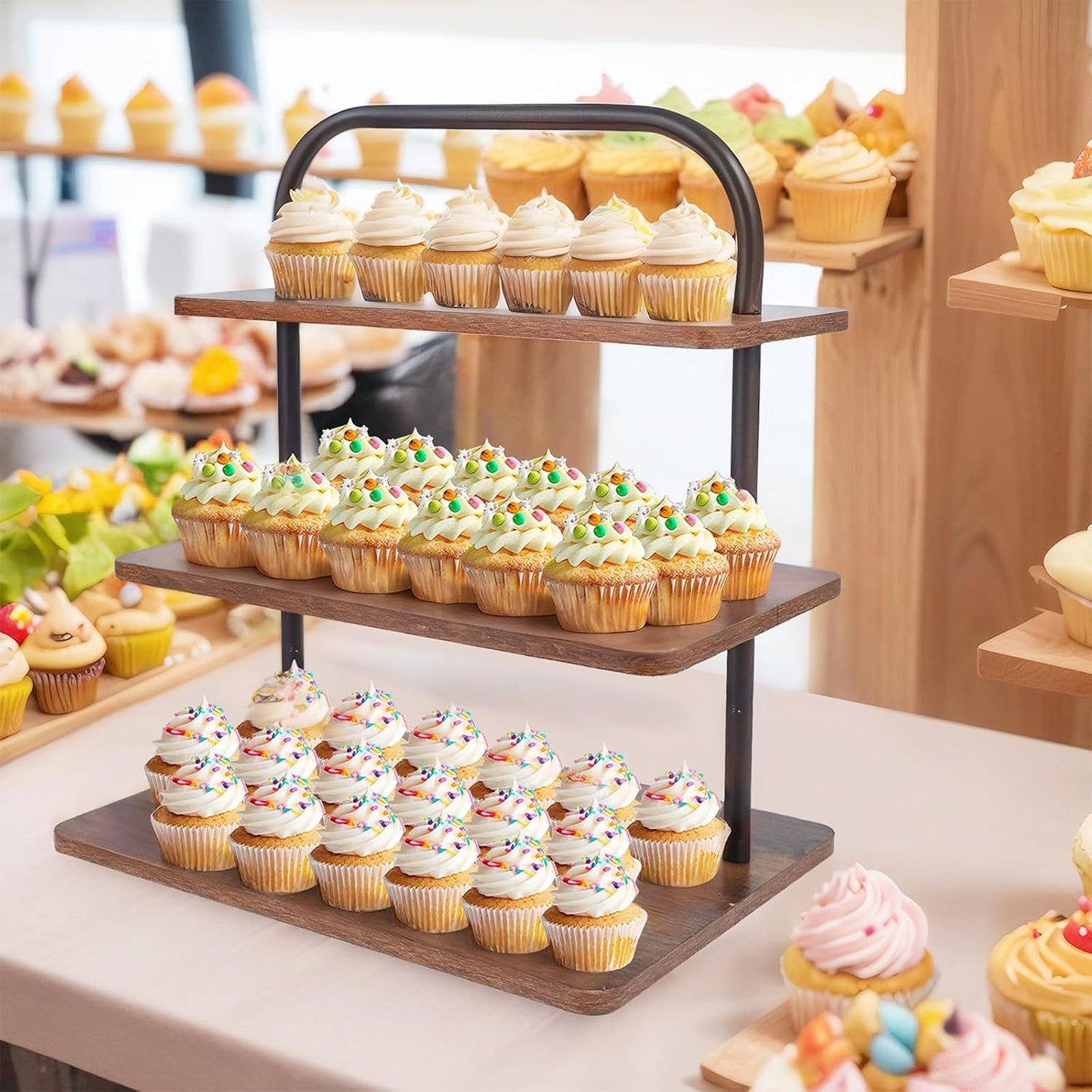 Cupcake Stand, 3 Tier Large Cupcake Stand for 50 Cupcakes Rustic Cupcake Display Stand Square Wood Dessert Table Display Set Cupcake Tower Tiered Tray Stand for Wedding Birthday Graduation