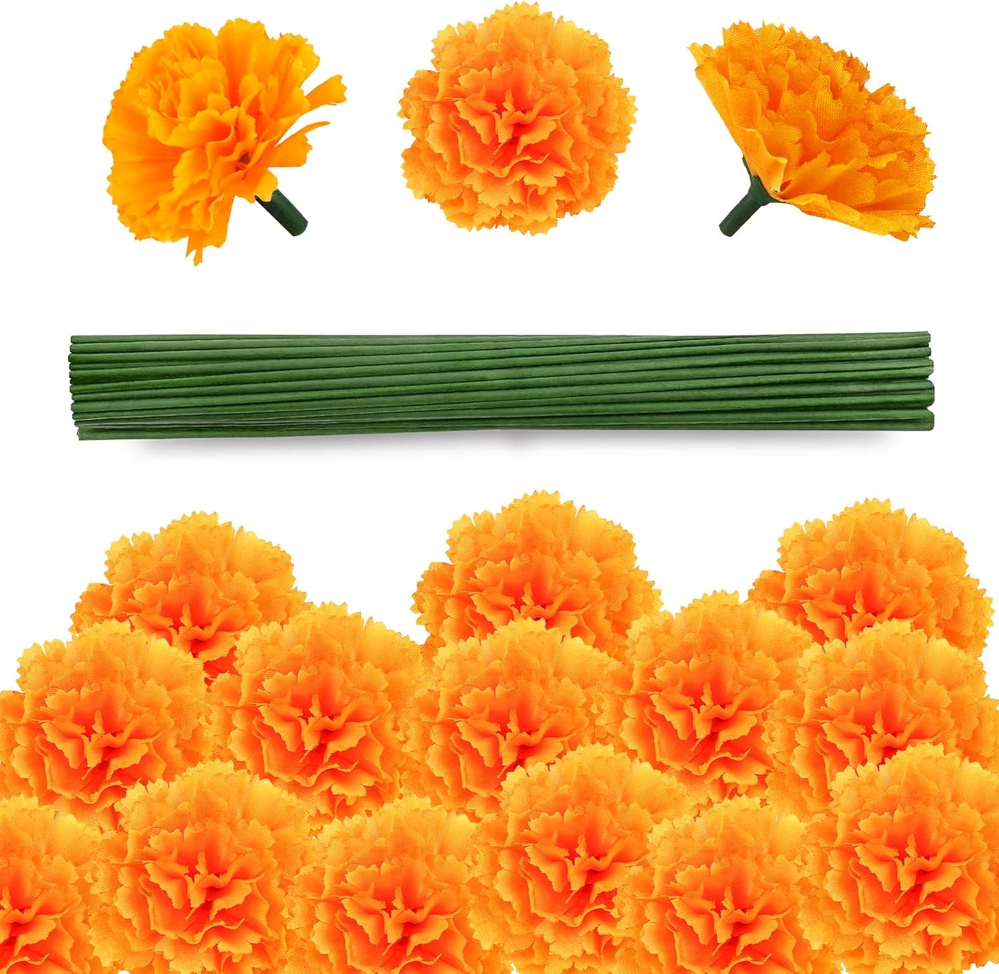 50 Pcs Artificial Marigold Flowers,2" Silk Marigold Flower Heads with Stems,Orange Flowers Artificial for Diwali Decor,Indian Wedding,Home,DIY Wreath Garland,Day of The Dead Decorations