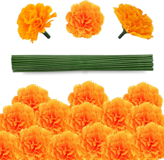 30 Pcs Artificial Marigold Flowers,2" Silk Marigold Flower Heads with Stems,Orange Flowers Artificial for Diwali Decor,Indian Wedding,Home,DIY Wreath Garland,Day of The Dead Decorations