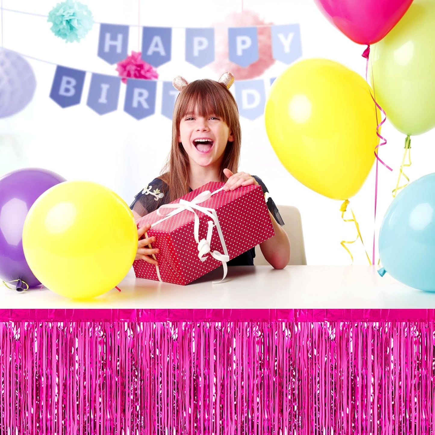 3 Pack 29x108 Inch Rose Red Foil Fringe Table Skirts Metallic Banner for Tinsel Streamer Garland Backdrop for Parade Floats Wedding Thanksgiving Birthday Christmas Halloween Party Decoration