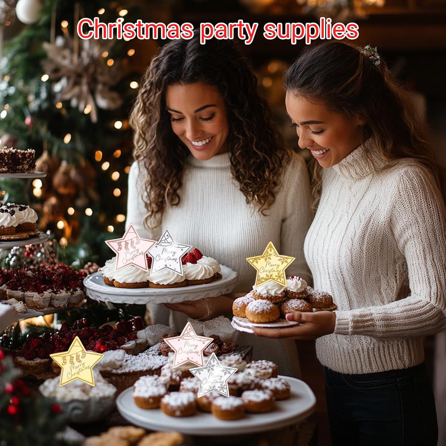 36 Pcs Merry Christmas Acrylic Cupcake Toppers Acrylic Mirror Star Xmas cupcake picks New year Party Cake Decorations