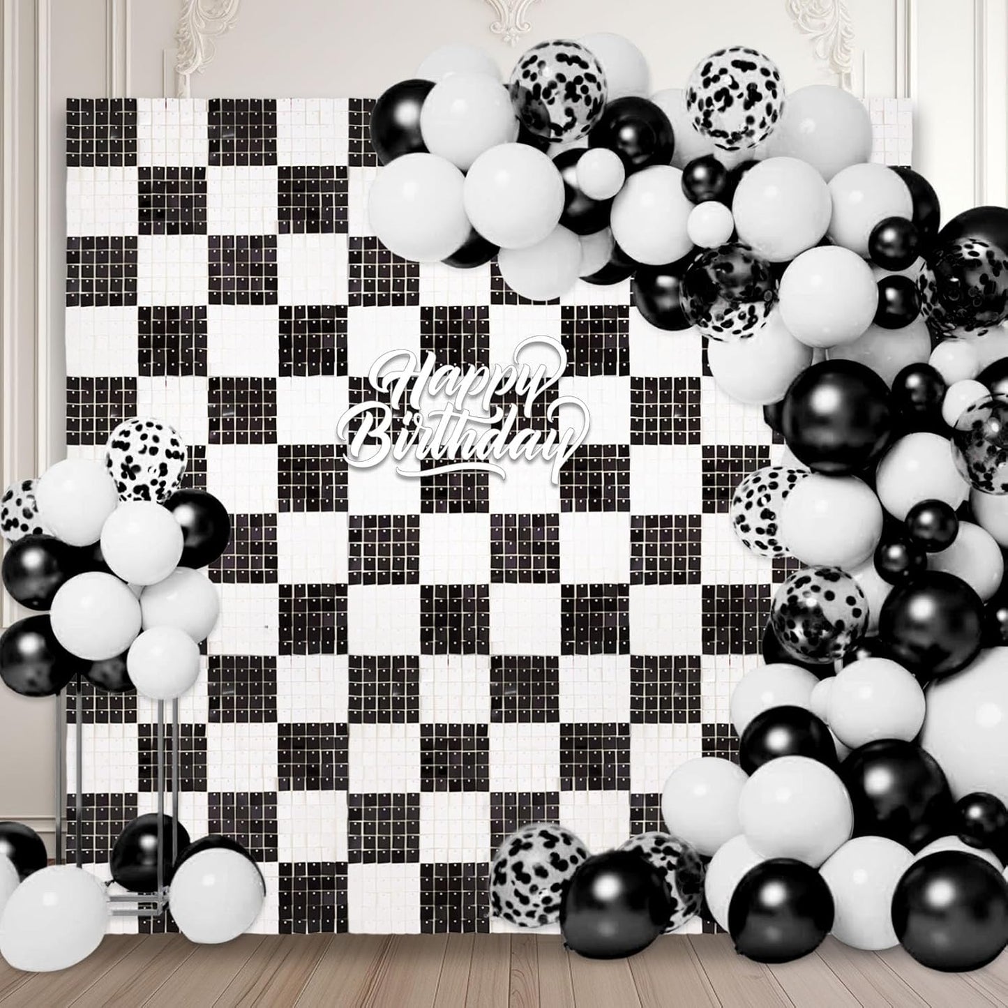 24PCS Black White Shimmer Wall Backdrop, Square Sequin Photo Backdrops Panel, Glitter Wall Background for Birthdays, Weddings, Christmas, Engagements, Baby Bridal Shower Party Decor (4FTx6FT)