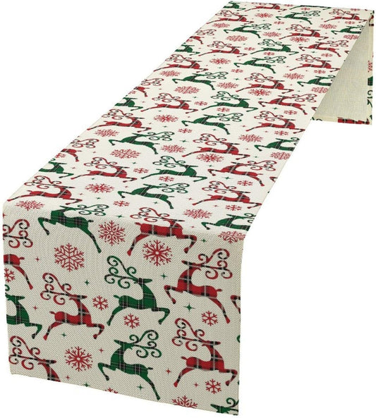 Christmas Table Runner,Christmas Plaid Deer Print Farmhouse Table Cloth Kitchen Dining Table Decoration for Home Party Decor 13x90 Inch