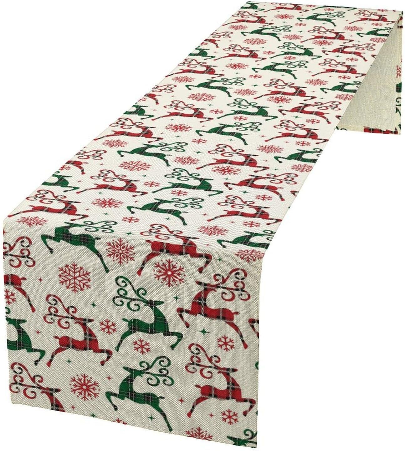 Christmas Table Runner,Christmas Plaid Deer Print Farmhouse Table Cloth Kitchen Dining Table Decoration for Home Party Decor 13x36 Inch