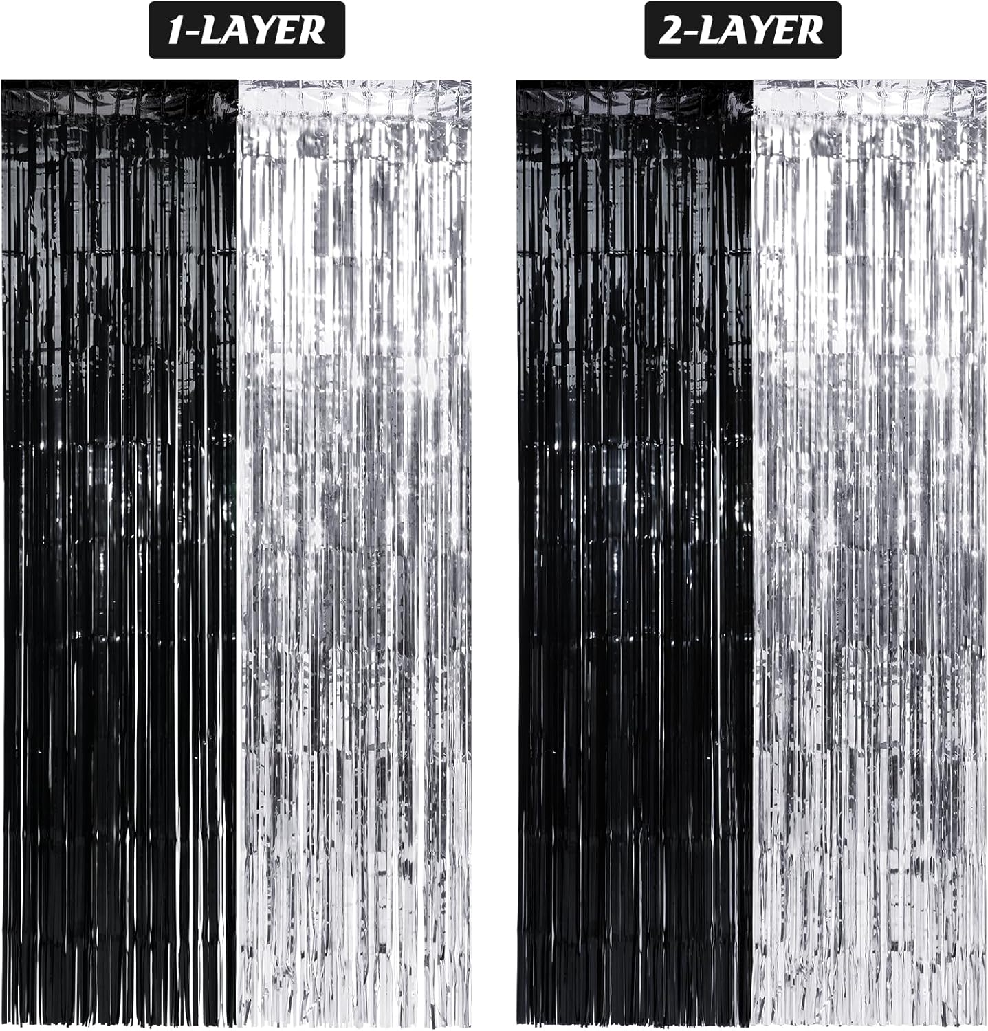 3 Pack 3.3Ft x 6.6Ft Graduation Foil Fringe Curtain Backdrop Decorations, Black Silver Metallic Tinsel Foil Streamers Curtain Photo Background for Graduation Prom Wedding Birthday Party Decorations