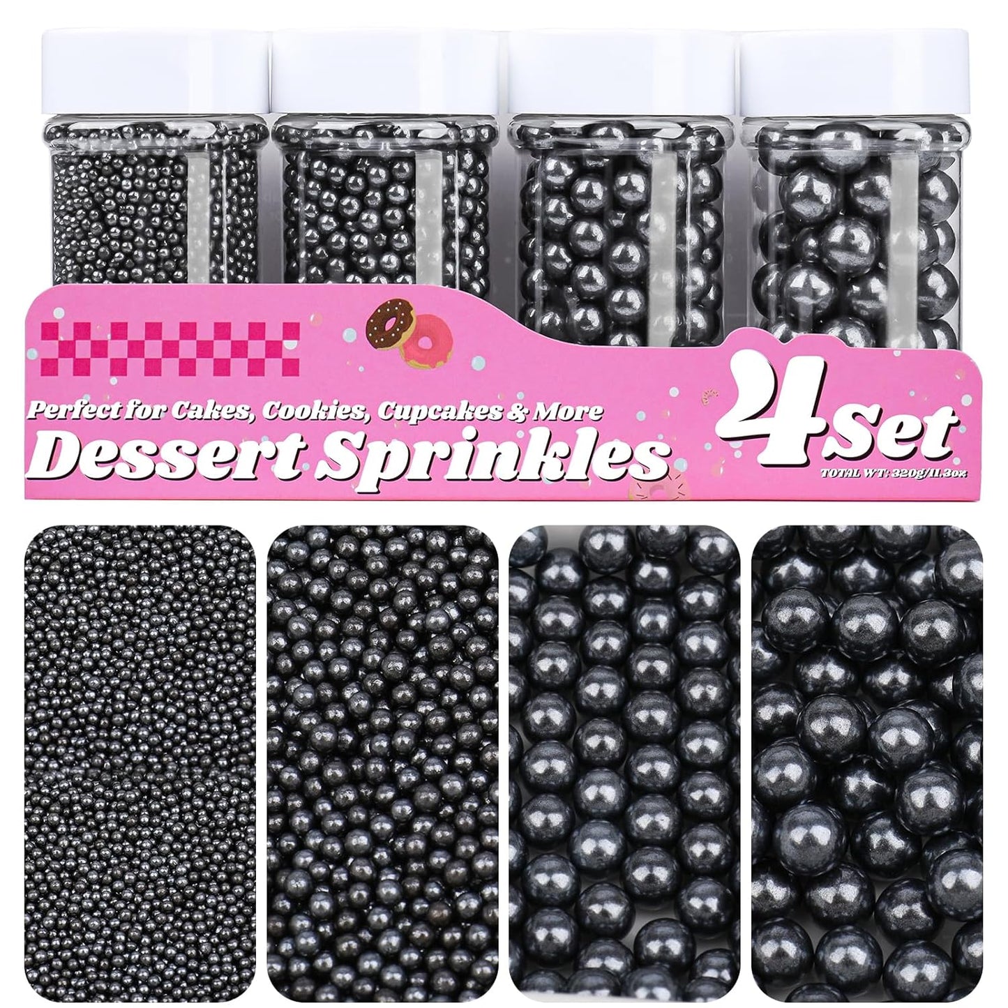 Black Pearl Sprinkles for Cake Decorating, 11.3 Oz Edible Pearls Sugar 4 Sizes Gift Box Set for Baking Cookie Ice Cream Cupcake Toppings