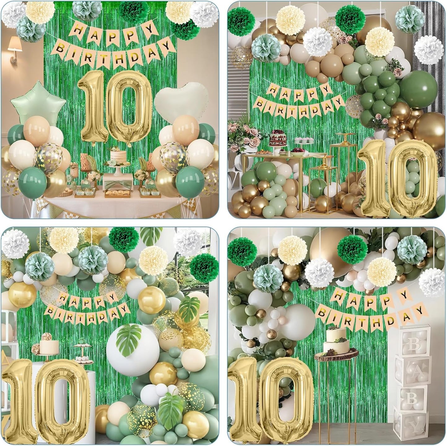 Sage Green 10th Birthday Decorations for Boys Girls Gold Number 10 Balloon Nude Gold Happy Birthday Banner Fringe Curtain Paper Pom Poms Olive Green Cream White Sand Star Foil Balloons Party Decor