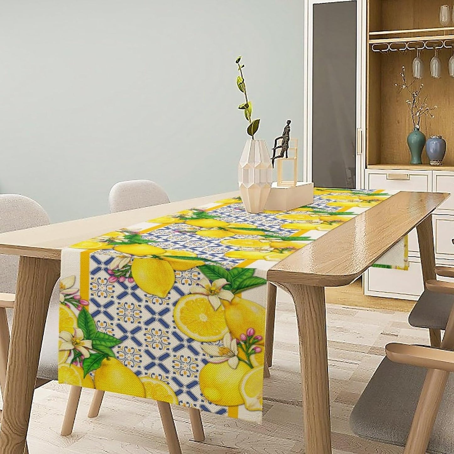 Lemon Table Runner,Spring Summer Seasonal Yellow Blue Table Runner for Kitchen Dining Table Home Party Decoration 13x36 Inch