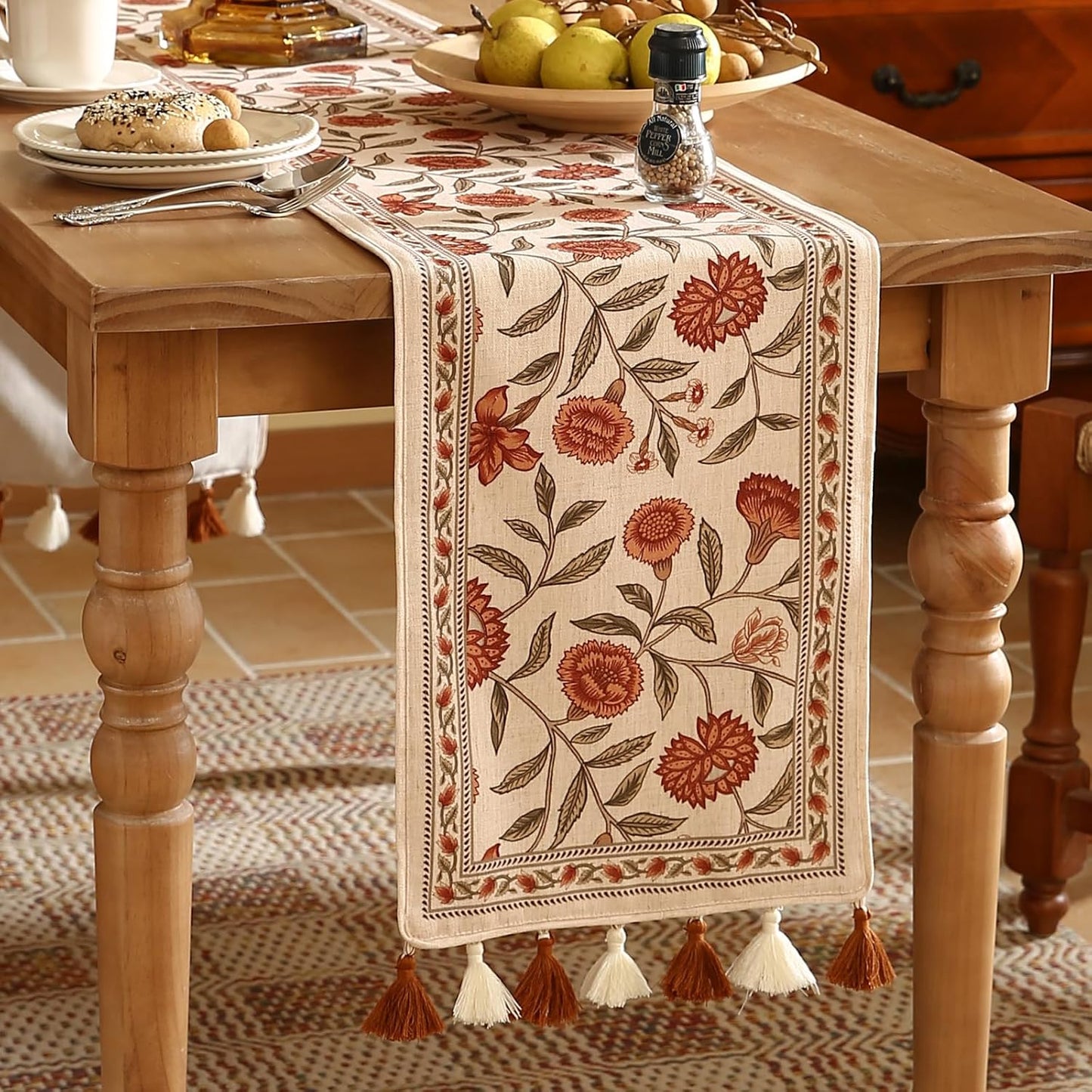 ISAENNE Designer Elegant Linen Table Runner 71 Inches Long,Vintage Orange Floral Pattern Table Runners for Dining Tables,Kitchen Decor,Thanksgiving,Christmas,Banquet,12"*71"-Alvarado A