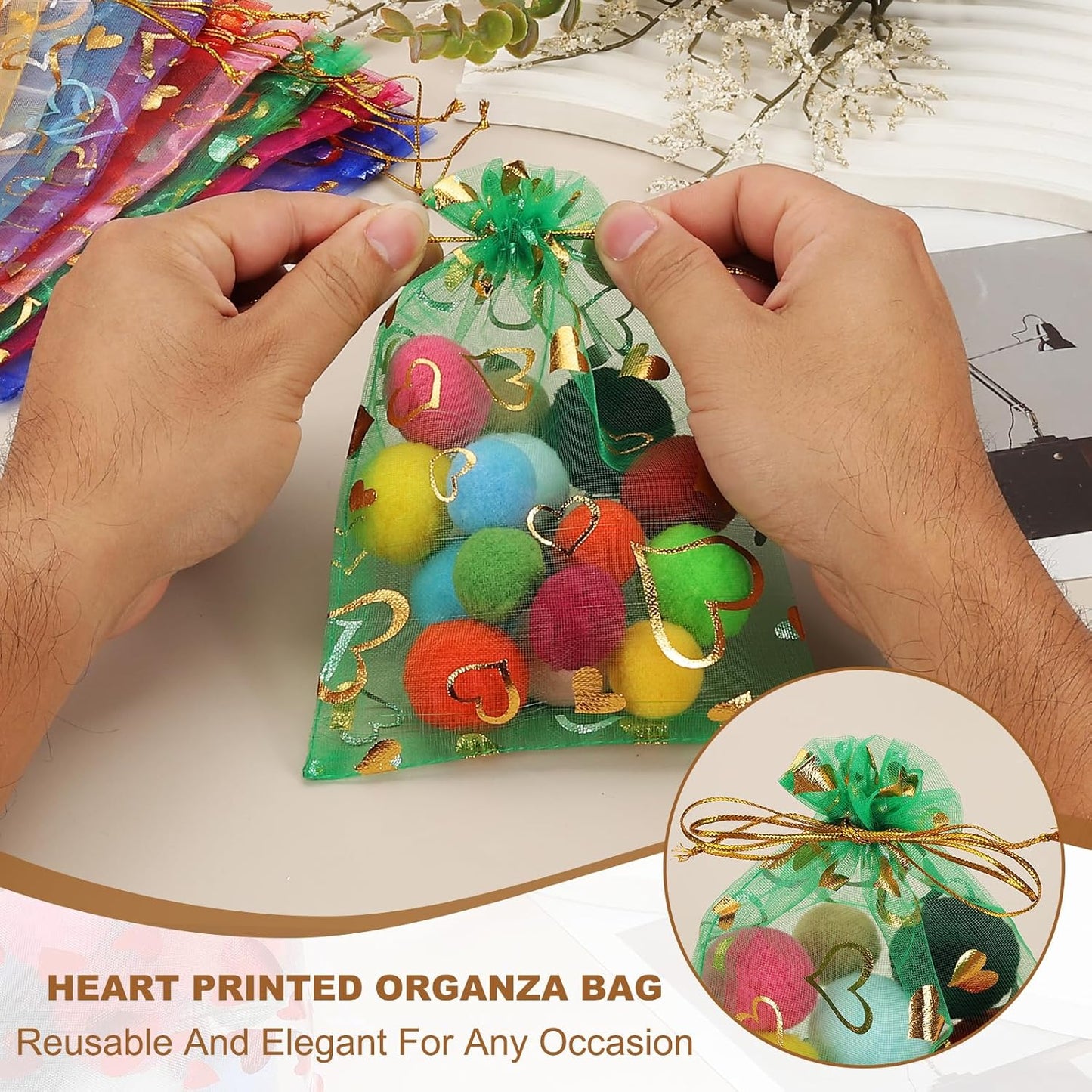 PATIKIL 100 Pcs 5x7 Inch Heart Printed Organza Bags, Green Sheer Heart Organza Bags with Drawstring for Christmas Candy Jewelry Party Wedding Favor Gift