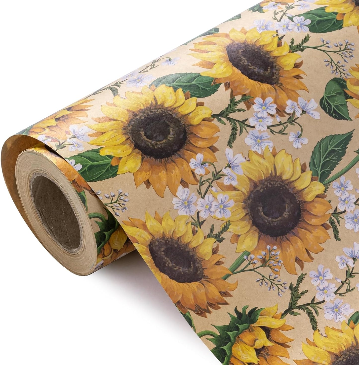WRAPAHOLIC Kraft Floral Wrapping Paper Roll - Mini Roll - 17 Inch x 9.8 Feet - Sunflower Wrapping Paper, Perfect for Wedding, Birthday, Bridal Shower, Tea Party