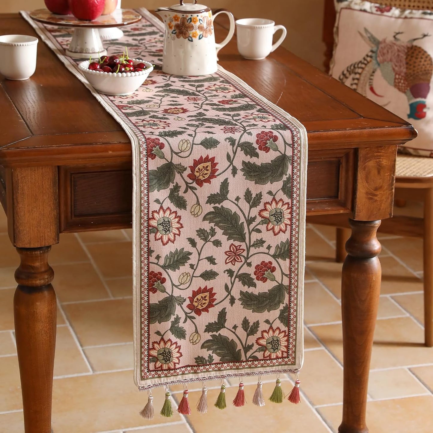 ISAENNE Designer Provence Elegant Linen Extra Long Table Runner 118 Inches,Flower and Leaves Pattern Durable Table Runners for Dining Tables,Thanksgiving,Kitchen Tables,Christmas,12"*118"-Ratina