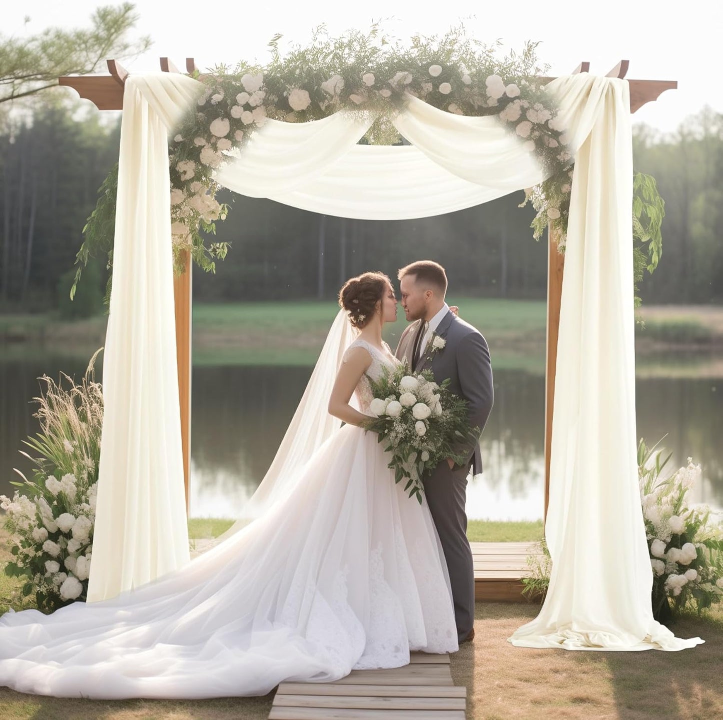 30" x 20Ft Wedding Arch Draping Fabric, 3 Panels Ivory Sheer Curtain Drapes Extra Wide & Long Backdrop Curtains for Wedding Arch Ceremony Birthday Party Decorations
