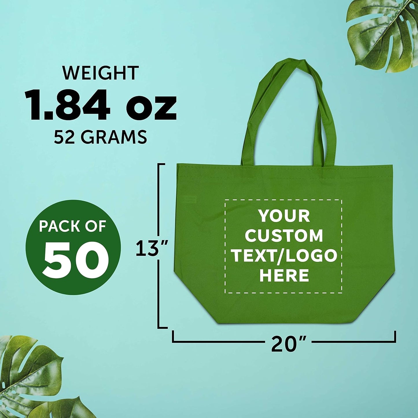 DISCOUNT PROMOS Custom Southern Style Grocery Tote Bags Set of 50 - Personalized Bulk Pack, Reusable Grocery & Shopping Bags - Great for Travel, Business Promotions - Lime Green - 20"X13"X8"