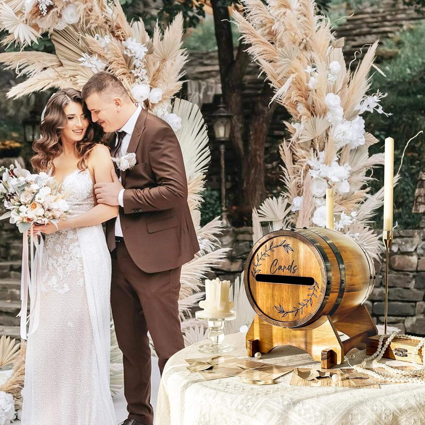 OurWarm Wooden Wedding Card Box for Party with Base, Brown Whiskey Barrel Gift Card Box Holder for Cards Envelops and Money, Rustic Wedding Decor for Graduation Baby Shower Birthday Party