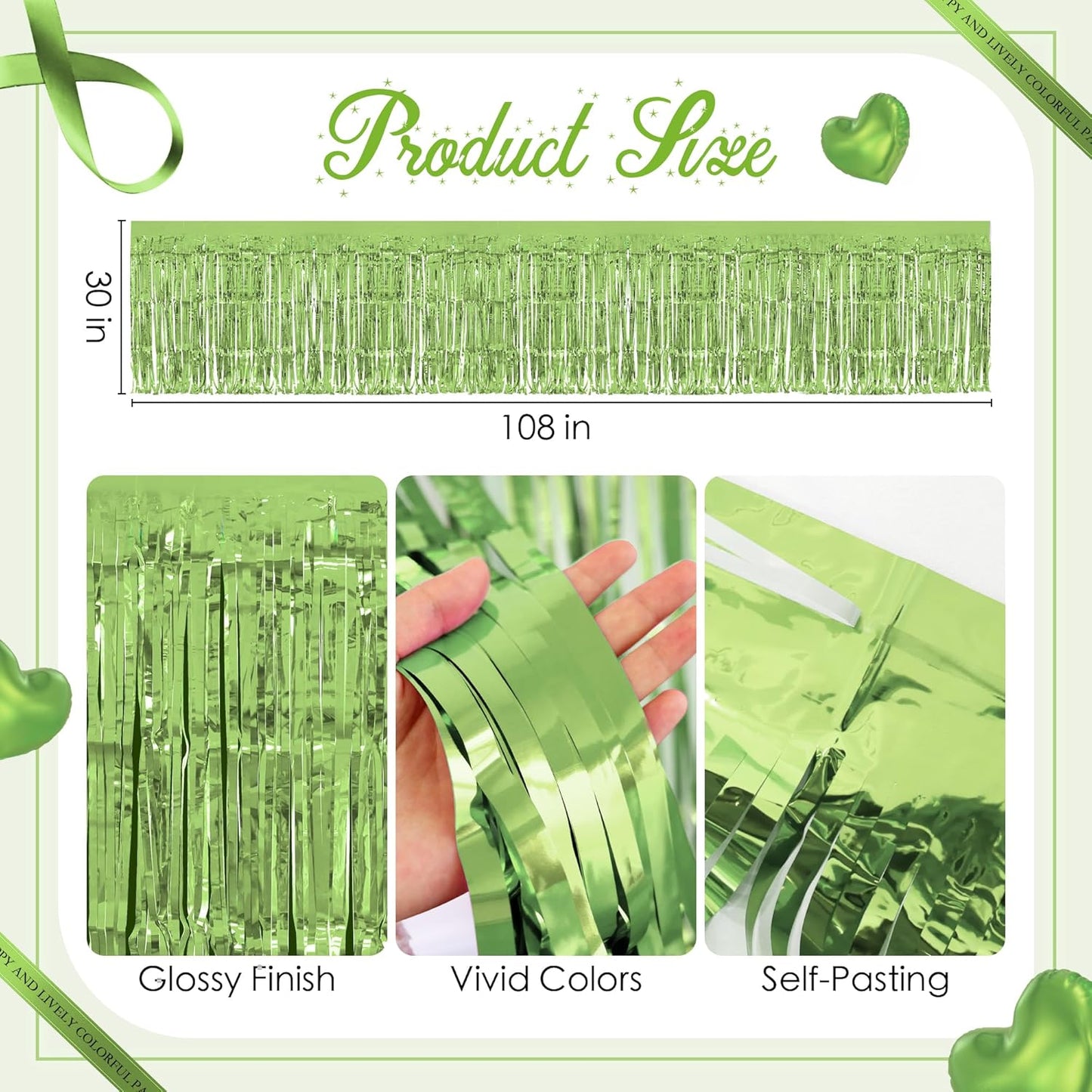 2 Pack Light Green Table Skirts, 29x108" Metallic Foil Tinsel Fringe Table Skirts for Rectangle Tables Streamer Curtains Backdrop, Party Decorations for Birthdays Weddings Holidays