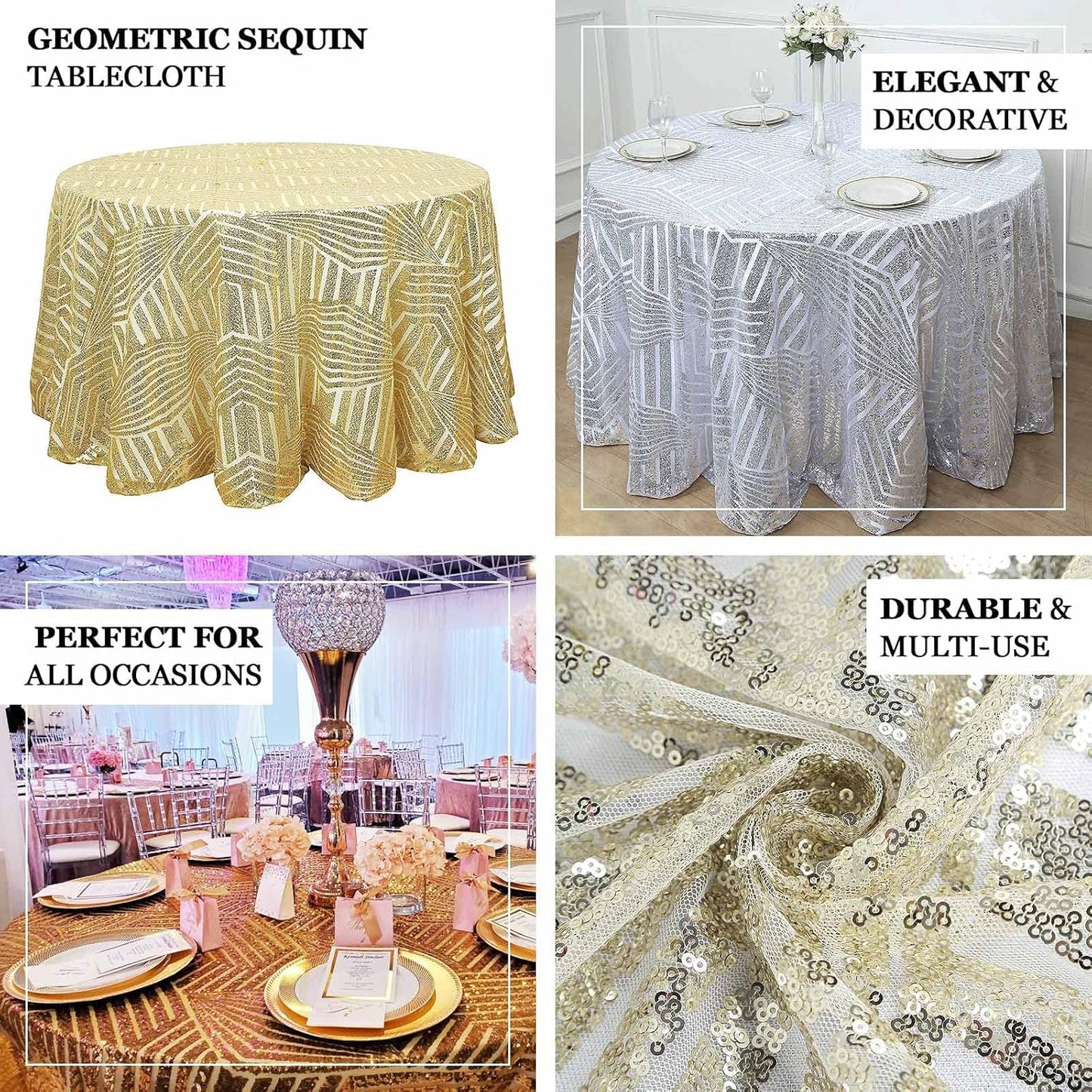 Efavormart 120" Gold Sparkly Sequin Geometric Tulle Round Tablecloth