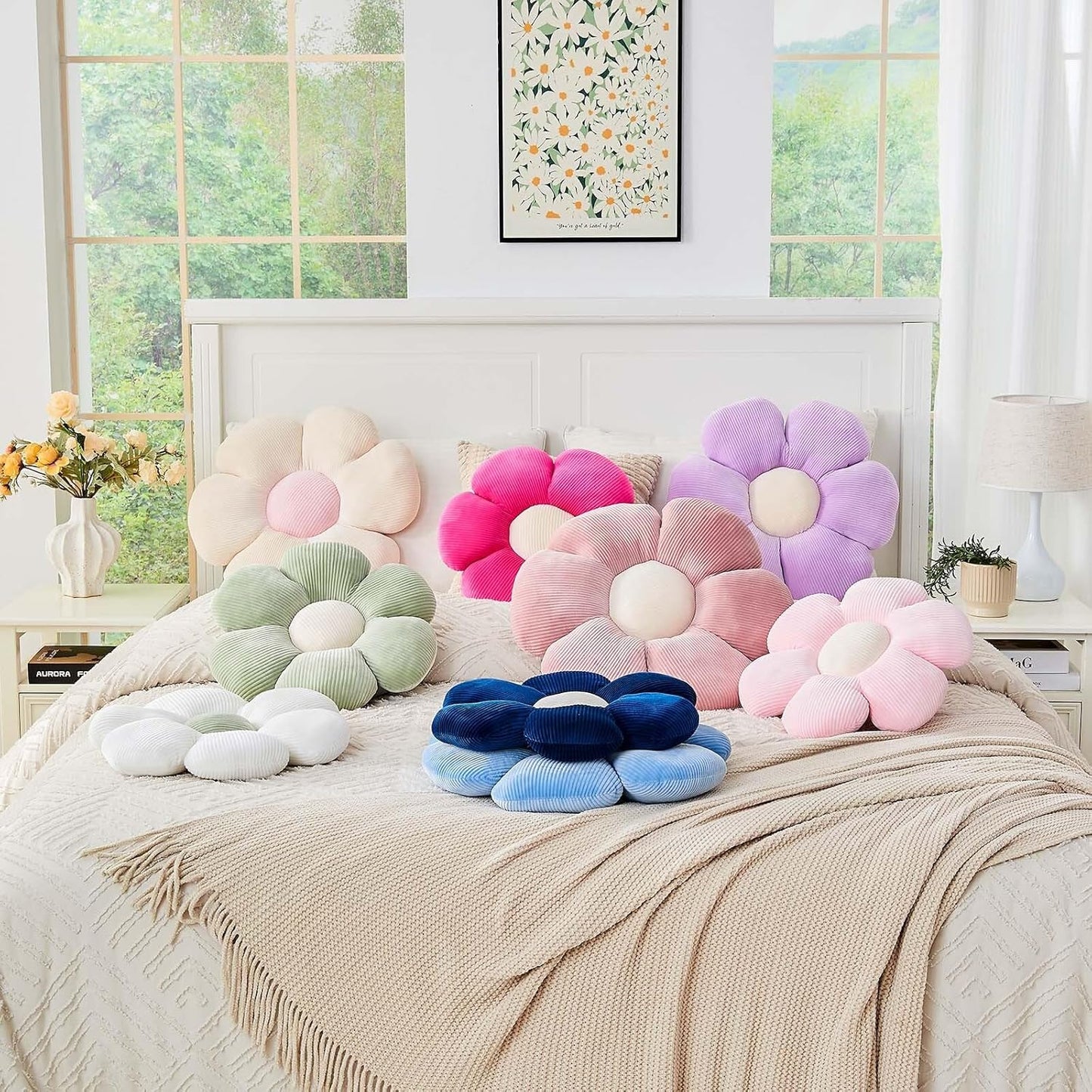 Lavender Flower Pillow, 19.6" Cute Flower Shaped Floor Pillow, Aesthetic Floral Plush Daisy Decorative Throw Pillows for Bed Sofa Couch