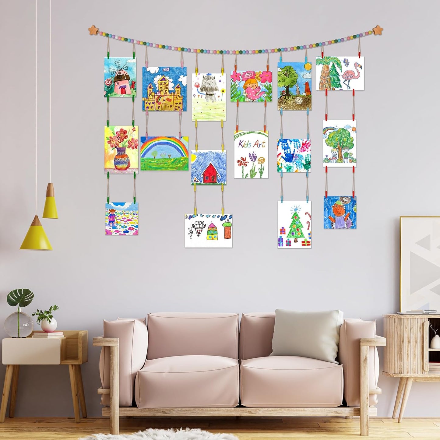 Kids Artwork Display Art Wall Decor 4.93ft Boho Wooden Beaded Garland Collage Holder with Hanging Rings Wooden Stars Hook 40 Wood Clips for Kids Artwork Photo Room Bedroom Decor Colorful