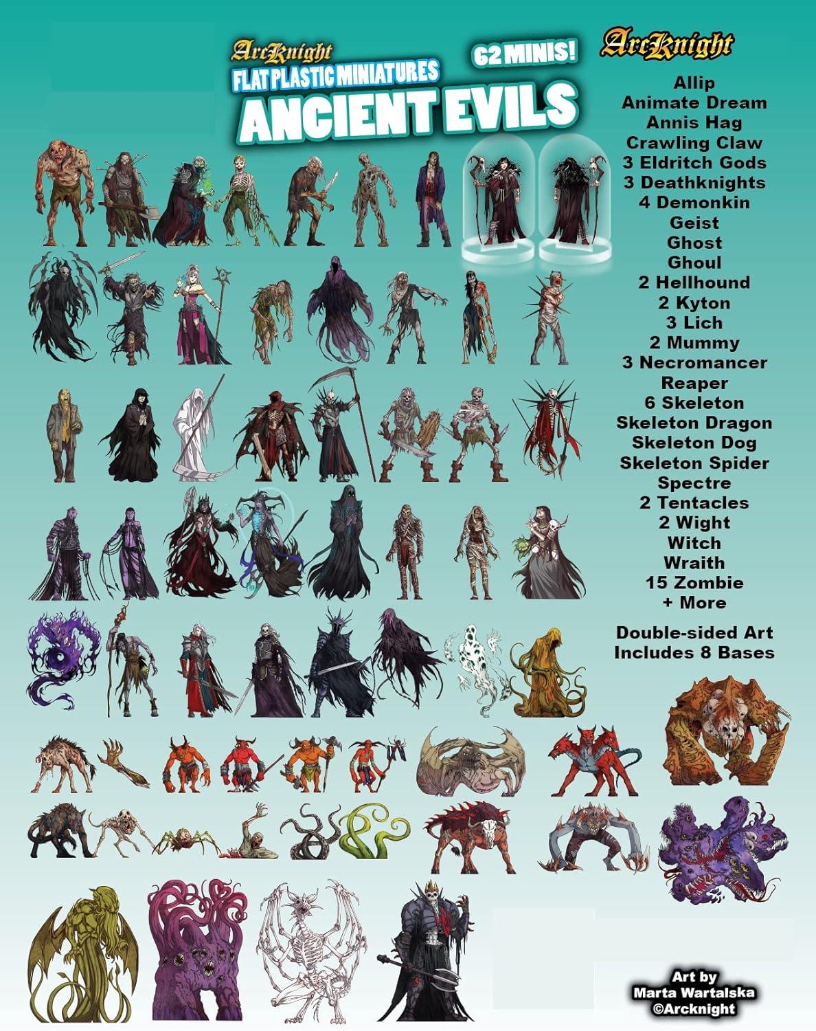 Arcknight Flat Plastic Miniatures: Ancient Evils; 62 Unique Evil-Themed Minis for DND 5e and Pathfinder; Affordable, Skinny Figurines for Dungeons and Dragons and Other Tabletop RPG Games