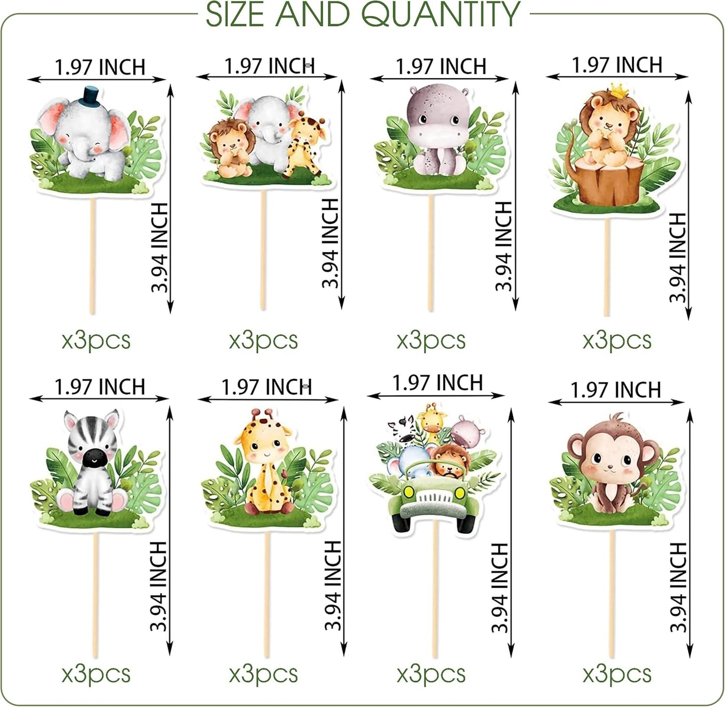 Safari Animal Cupcake Toppers – 24-Pack Jungle Safari Cake & Cupcake Picks with Lion, Elephant, Giraffe, Zebra & Monkey Designs, Party Dessert Decorations for Baby Showers & Birthdays