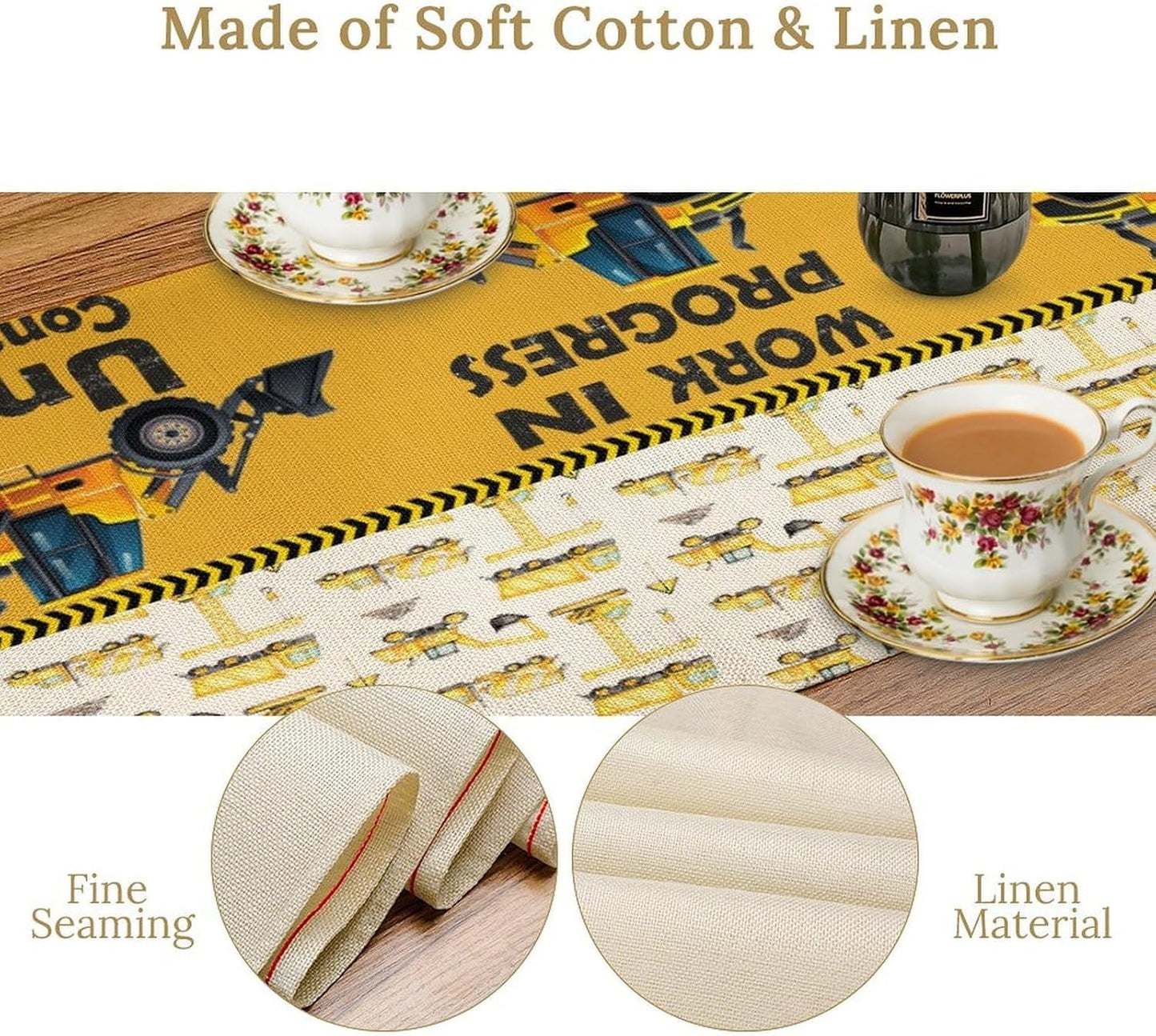 Cartoon Car Table Runner,Boys Kids Construction Vehicles Truck Yellow Print Tablecloth Burlap for Hotel Indoors Outdoor Dining Room Kitchen Home Decor,W13X L60 in