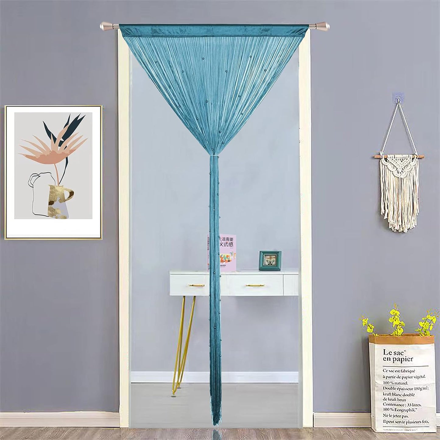 Beaded Doorway Curtain Door Beads Dense String Curtains Fringe Hippie Perfect for Wall Hanging Decor Room Divider Privacy Doors Window Closet Doorways Decorations (100x280cm,Teal Blue)