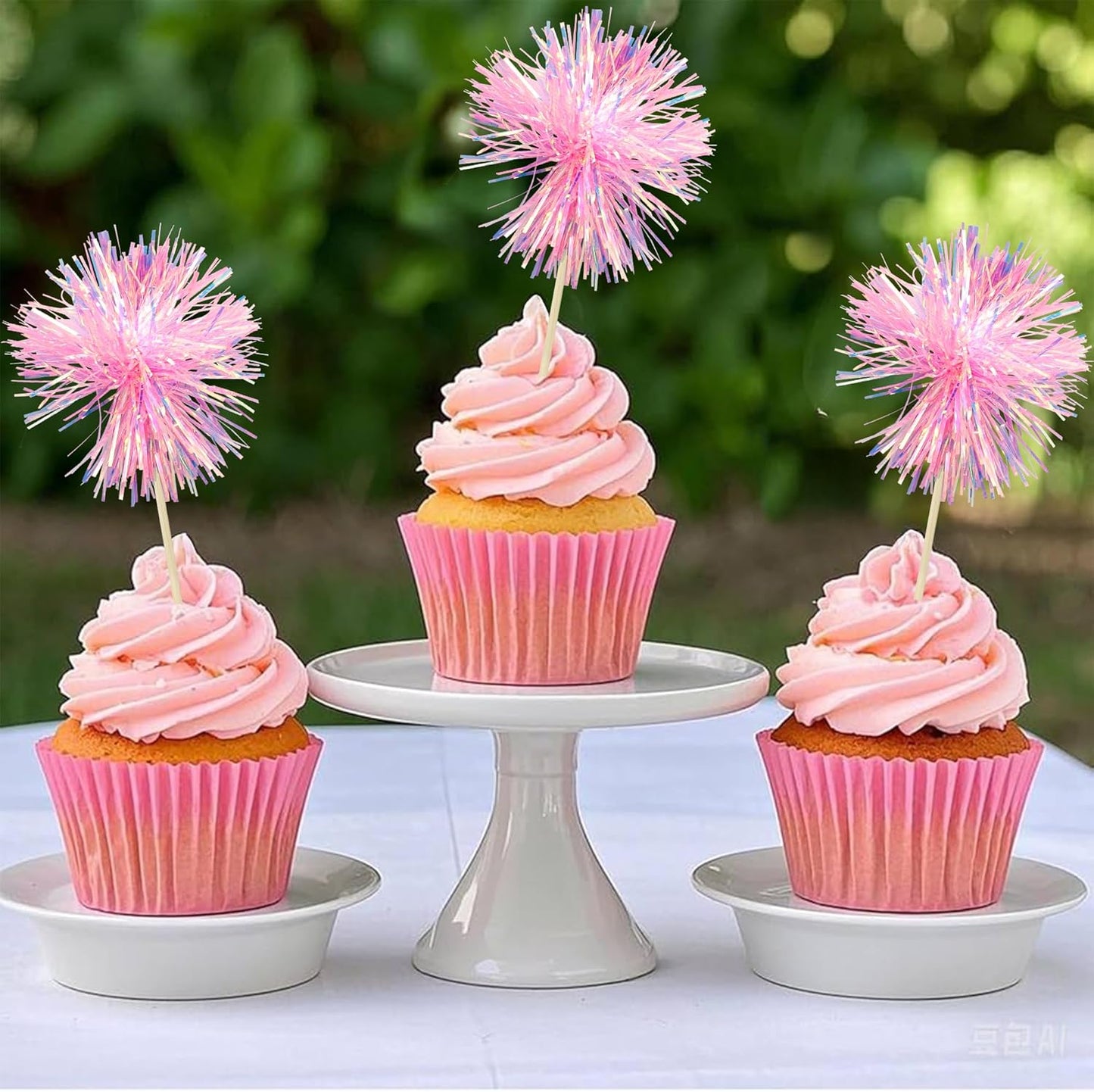 Ephlyn 30Pcs Foil Firework Cupcake Toppers Sparkle Tinsel Cupcake Picks Happy Birthday Cake Toppers Drink Cocktail Food Fruit Toothpicks for Baby Shower Birthday Party Supplies Pink