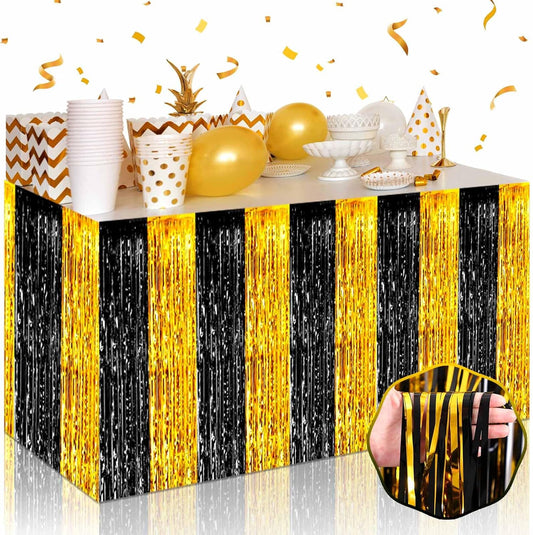3 Pack 29 x108 Inch Black Gold Foil Fringe Table Skirts Metallic Banner for Tinsel Streamer Garland Backdrop for Parade Floats Wedding Thanksgiving Birthday Christmas New Year Party Decoration