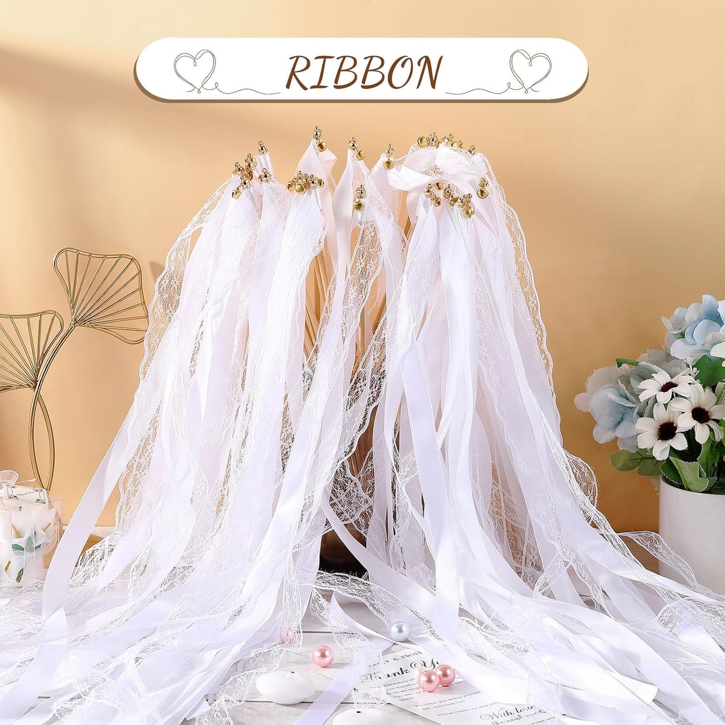 Taiyin 150 Pcs Lace Ribbon Stick Wands Wedding Wand Streamers with Bell Silk Ribbon Fairy Wand Wedding Send Off Streamer for Baby Shower Holiday Party Favors(White)