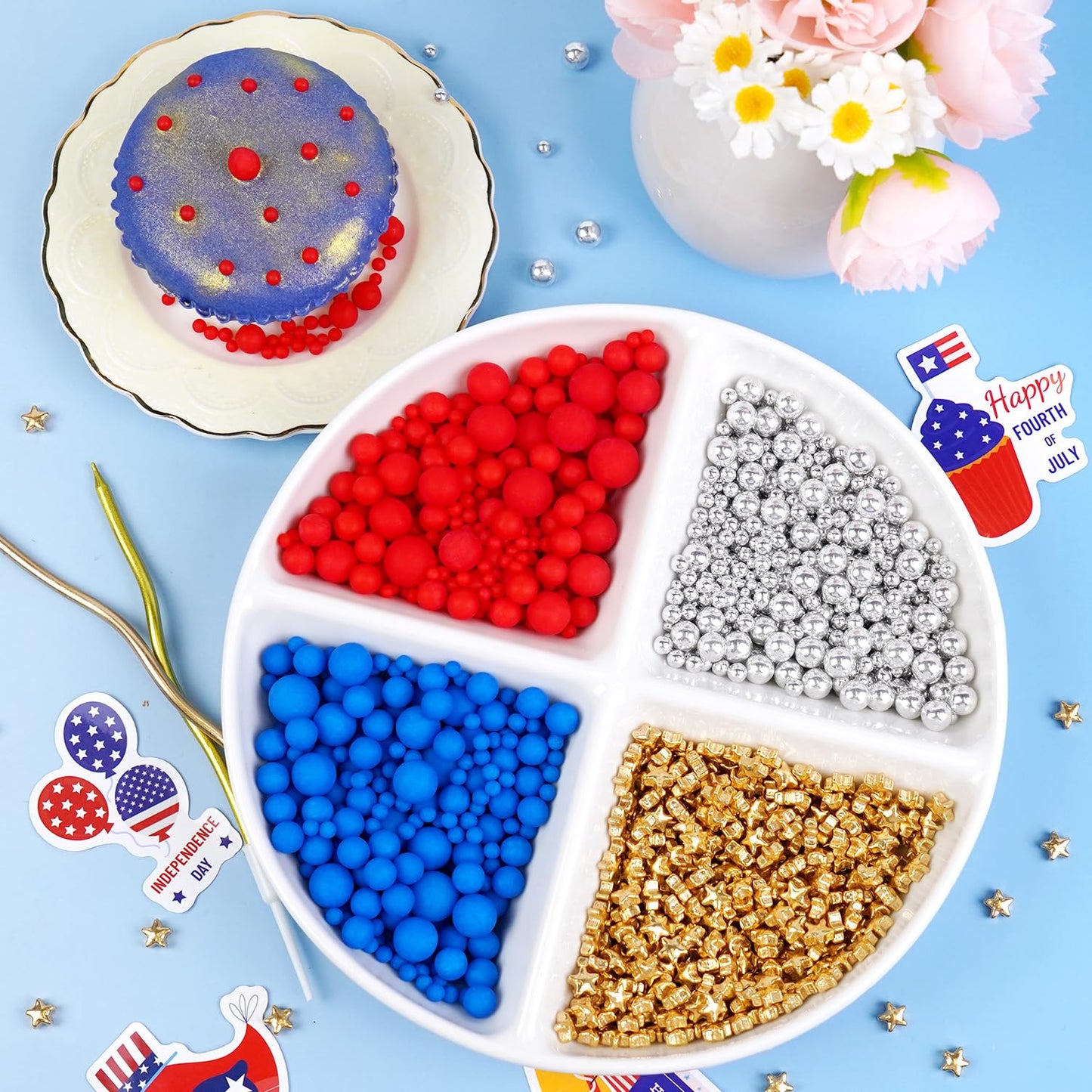 Dazzjoy 4th of July, Patriotic Sprinkles, Red Blue Silver Gold Sprinkles, Food Grade, Edible Pearls for Cake Decorating, 150g/5.29oz, Cake Decoration & Cupcake Topper