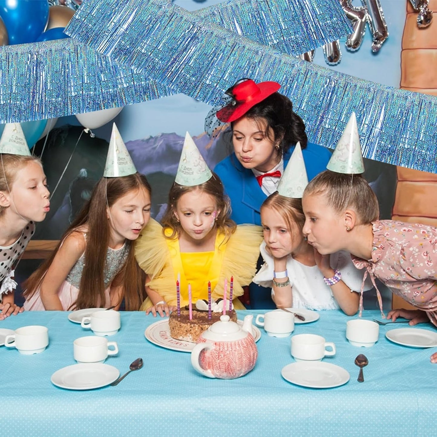 BEISHIDA 3 Packs Metallic Foil Fringe Garland Laser Light Blue Wall Hanging Tinsel Fringe Banners for Car Floats Bridal Shower Wedding Birthday Easter Graduation Holiday Party Decoration(30 Feet)