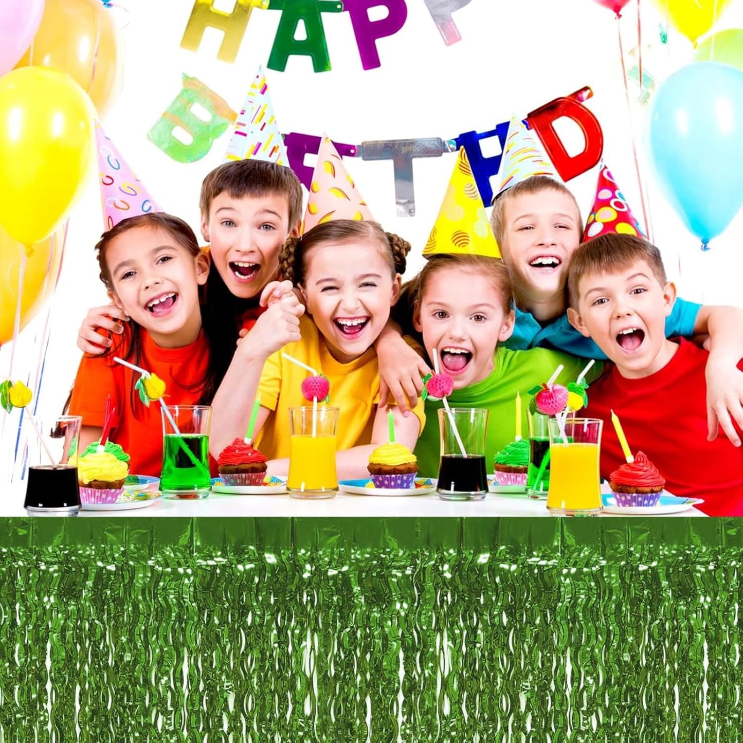 4P Wavy Metallic Tinsel Foil Fringe Table Skirts for Rectangle Tables Backdrop Garland Curtains for Parade Floats Wedding Birthday Parties Decoration Graduation 2025 Christmas (Light Green)