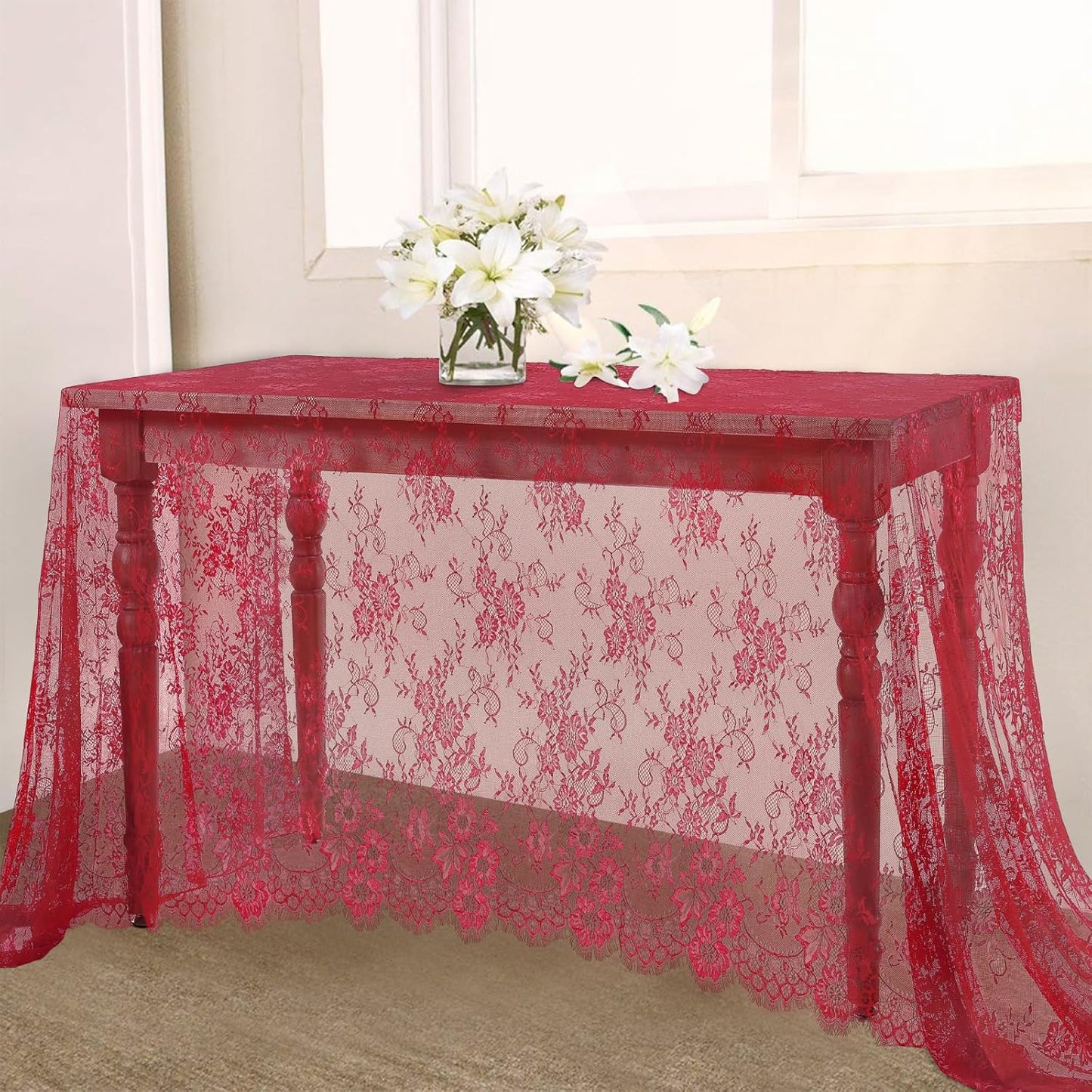 LuoluoHouse Red Tablecloth Christmas Lace Table Fabric 2pcs 60x120 Inch for Birthday Rustic Wedding Bridal Shower Party Decoration Rectangle Overlay Vintage Embroidered Reception Table Cloth Decor