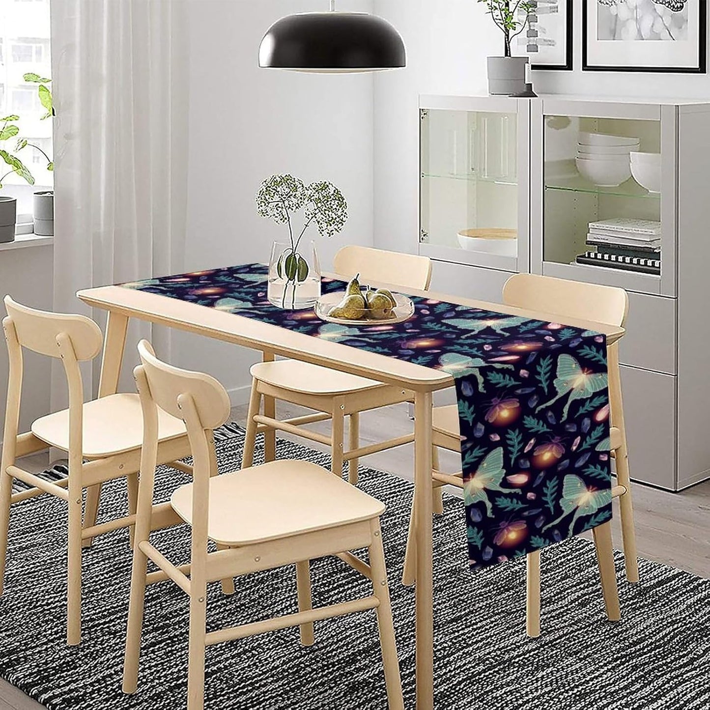 Moth Table Runner, Retro Boho Aesthetic Blue Moth Magic Table Runner for Home Kitchen Dining Party Indoor Outdoor Decoration 13x120 Inch