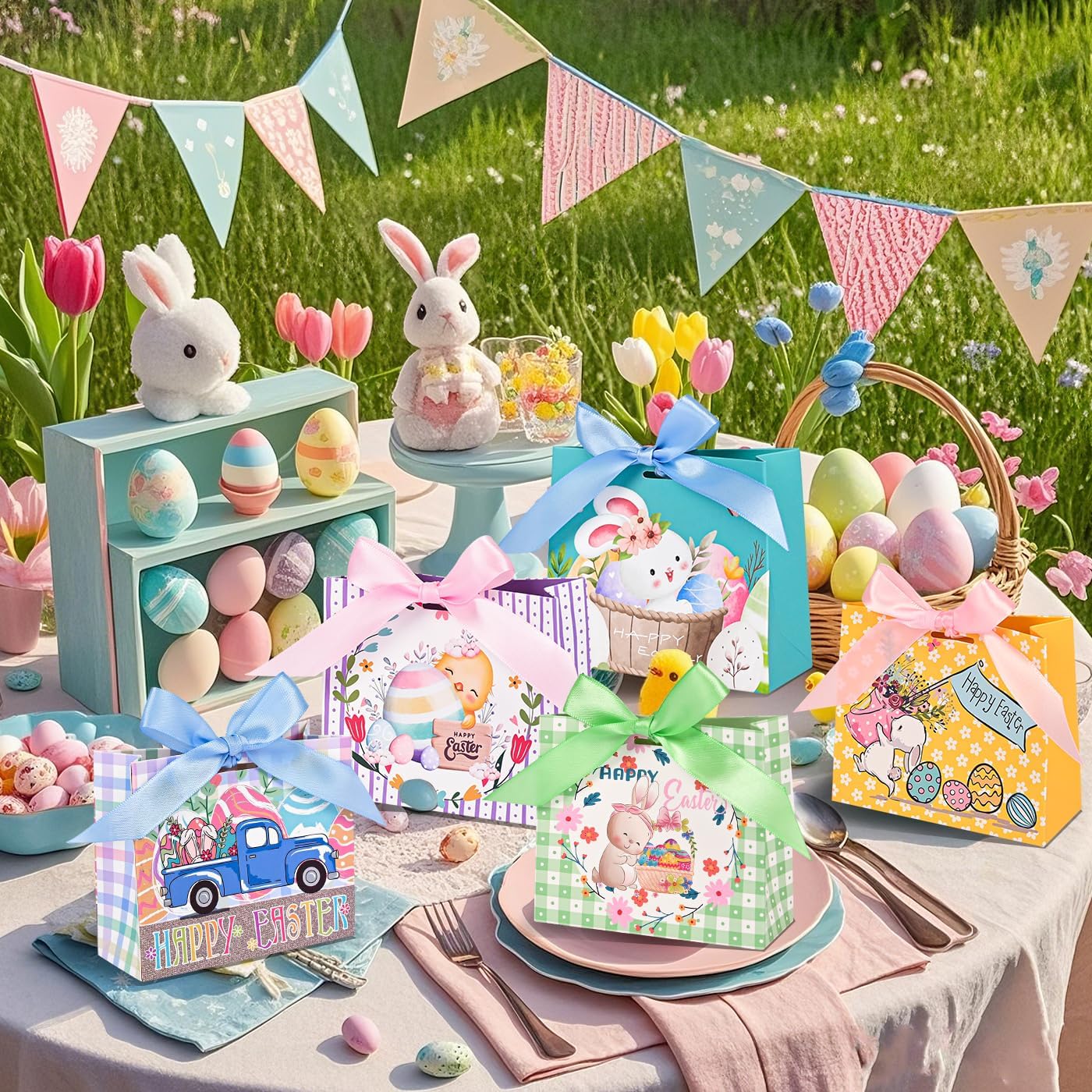 24Pack Small Easter Bags for Goodies,4.5×3.9×1.8inch Small Easter Treat Bags for Kids, Candy, Gifts Wrapping, Party Supplies 12 Unique Pattern