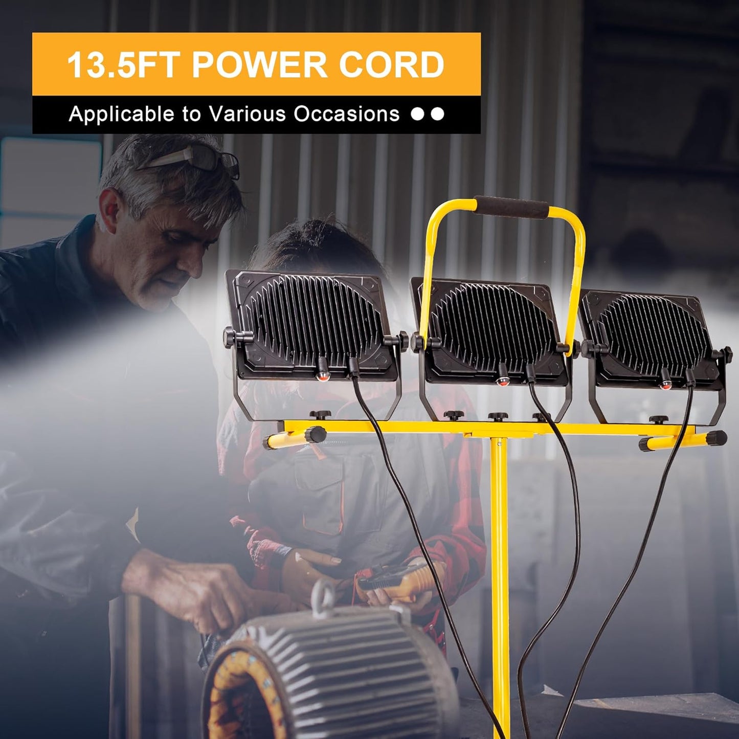 30000 Lumen Work Lights with Stand, 300W Three Head LED Work Light, Waterproof Lamp with Individual Switch, Adjustable Metal Telescoping Tripod