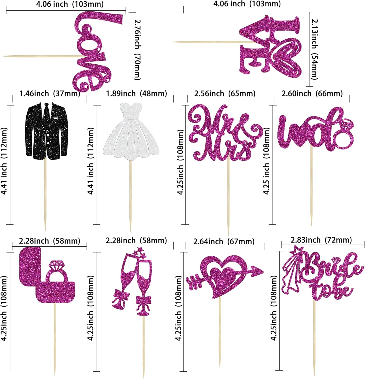 Ephlyn 30Pcs Bride to be Cupcake Toppers Glitter Wedding Cake Topper Decorations I Do Love Heart Ring Cupcake Picks for Bridal Shower Wedding Engagement Party Supplies Purple