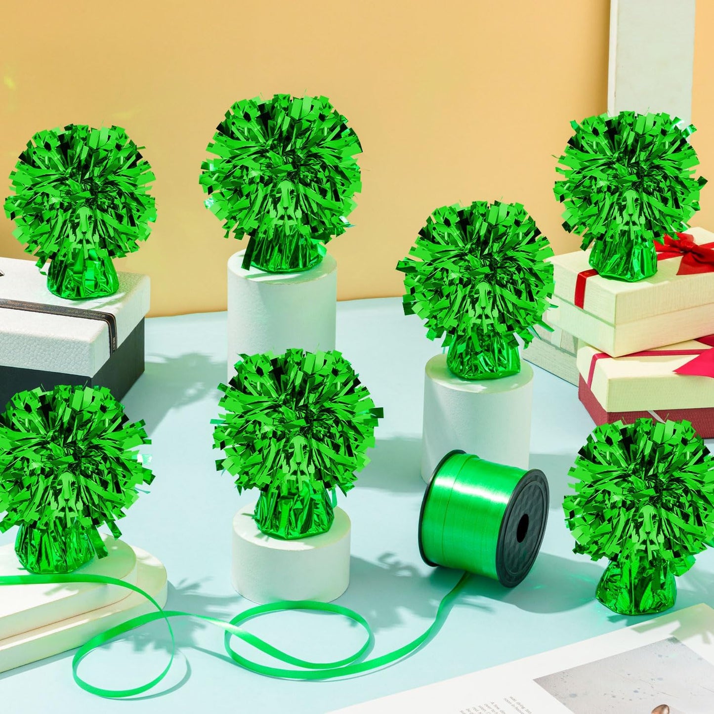 24 PCS Balloon Weights Metallic Anchor, Balloon Holder Heavy Weights with 1 Roll Green Crimped Ribbon for Balloons Table Party Favor Birthday Decor(Green)