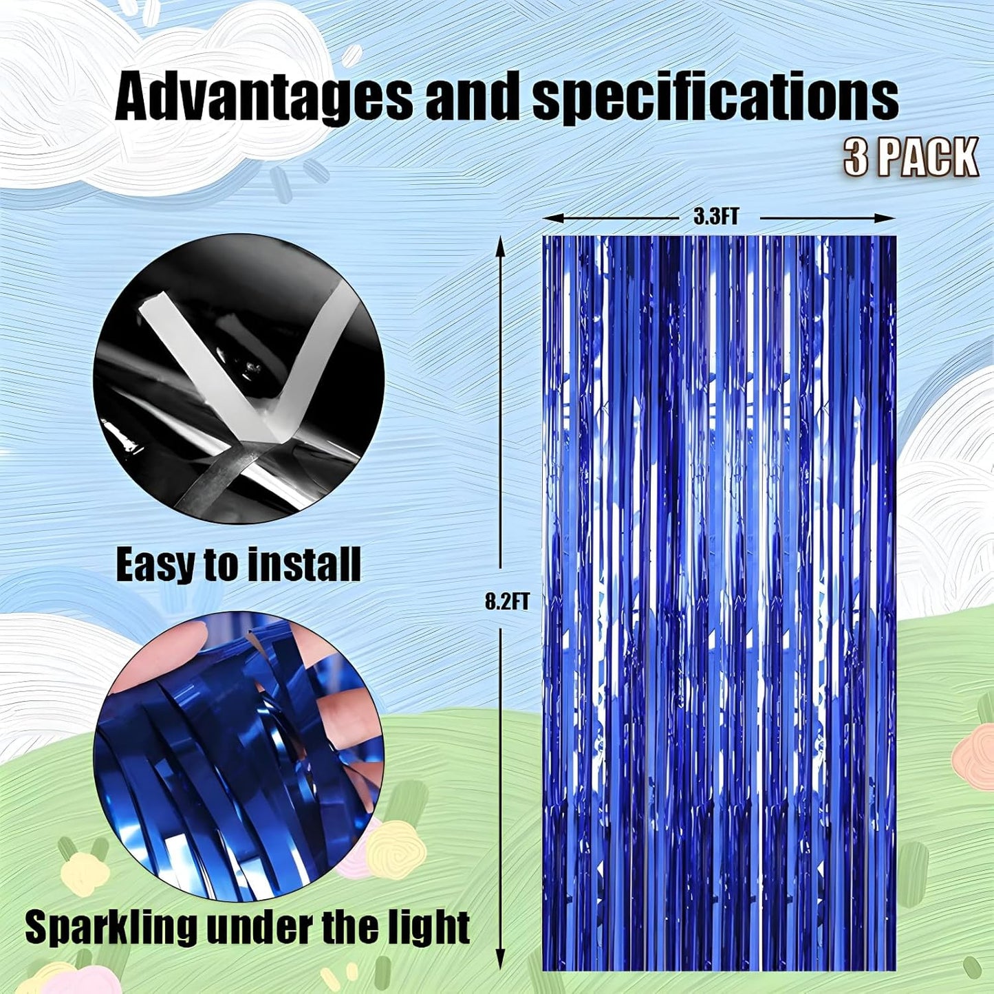 Keyali 3 Pack 3.3 * 8.3 ft Foil Curtain Metallic Tinsel Fringe Curtains Photo Booth Props Backdrop for Birthday Wedding Engagement Baby Shower Christmas Holiday Celebration Partyl,Blue