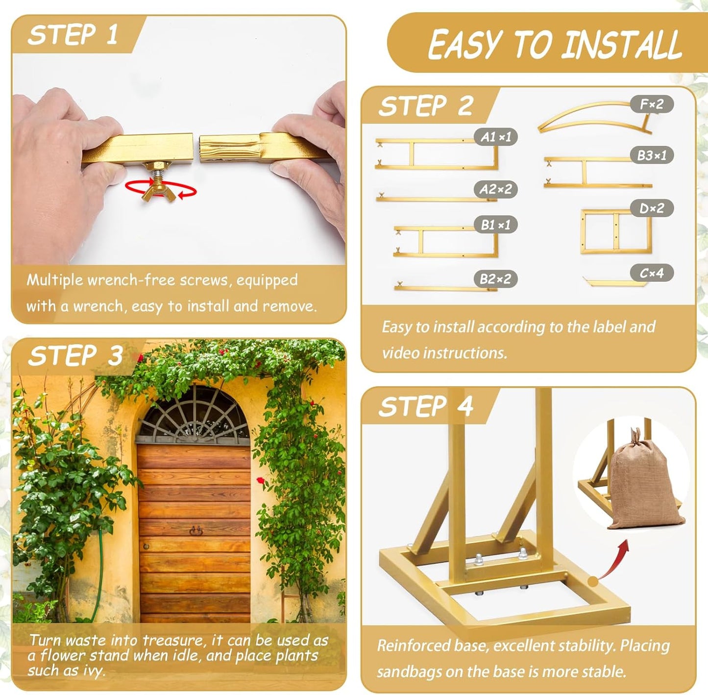 Wedding Arch Stand - 2pcs Large 8.2&6.9Ft Balloon floral Arch Stand Half Arch Flower Frame Photography Backdrop stand, Metal Heavy Firm Base for Bridal & Ceremony Baby Shower Birthday Party Decor,Gold
