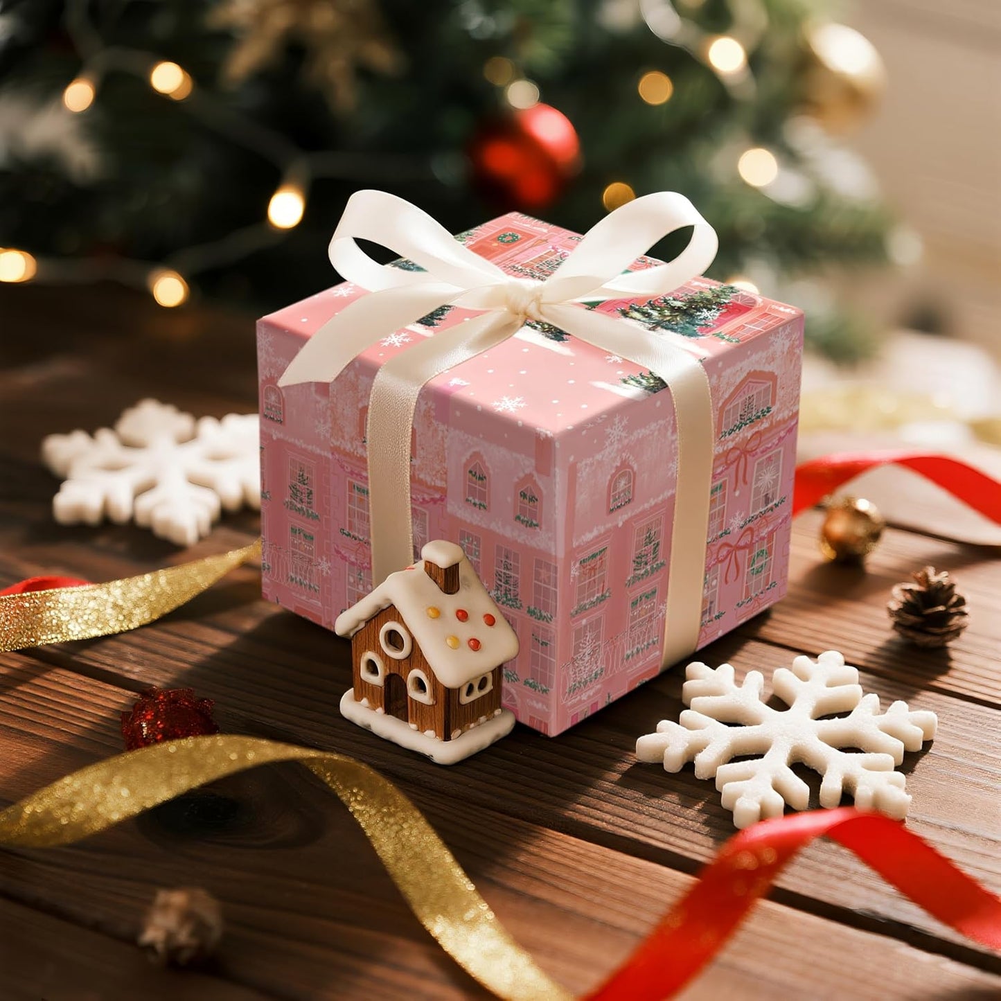 LeZakaa Pink Christmas Wrapping Paper Roll for Girls Kids, Winter Street Scene Romantic Townhouse with Snowflakes for Holiday Gifts, Family Friends, Winter Wonderland, Mini Roll 17 in x 16.4 Ft