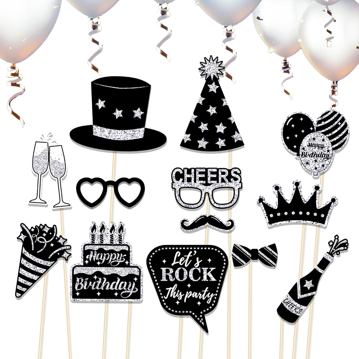 36 PCS Birthday Photo Booth Props Party Supplies Holiday Picture Decorations Photo Booth Props for Birthday Party Favors Pose Sign Kit Fun for Party (Silver and Black)