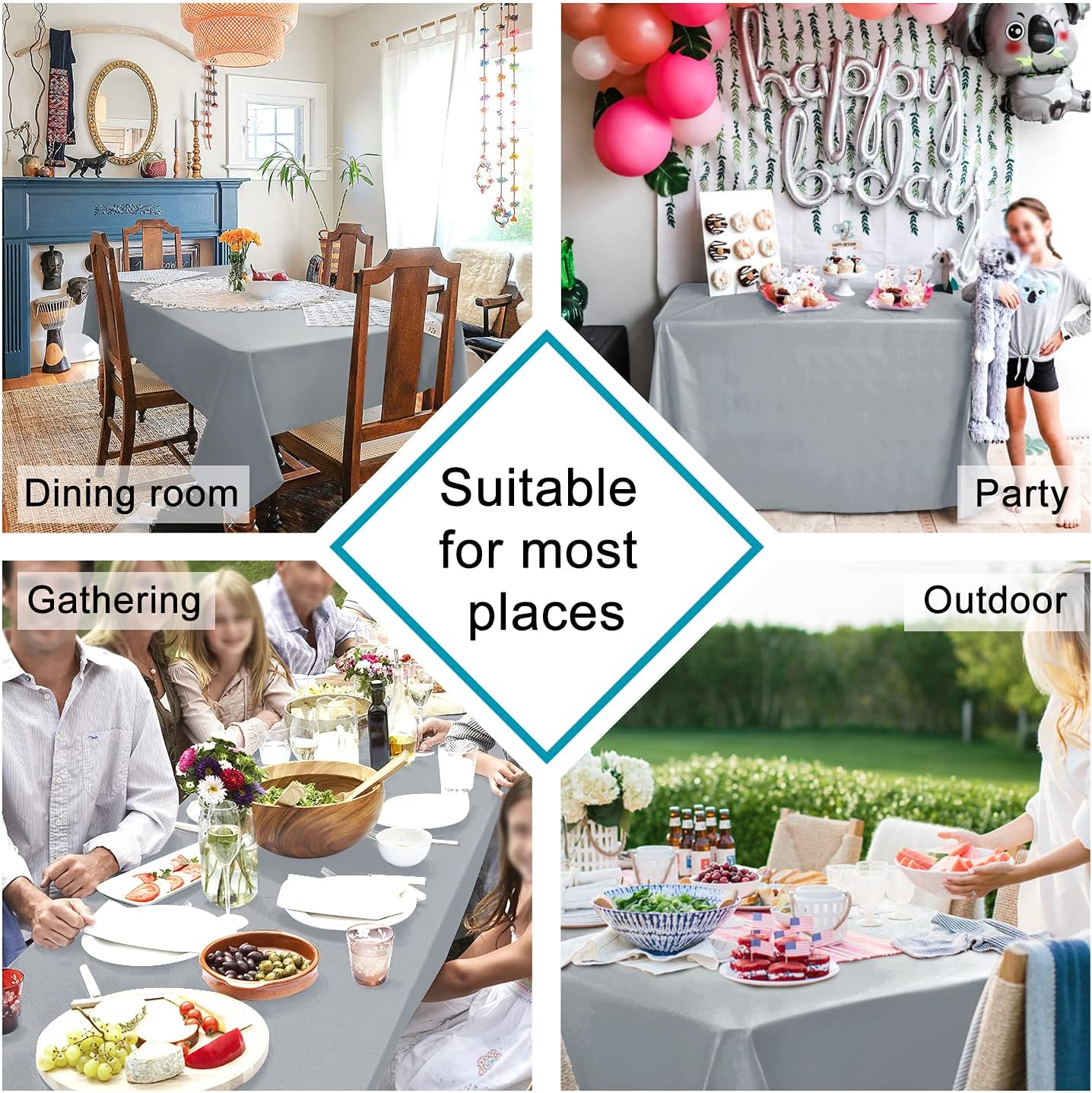 Hiasan Silver Grey Rectangle Tablecloth - Waterproof and Spillproof Washable Fabric Table Cloth for Dining Room Kitchen Party and Outdoor, 70 x 90 Inch