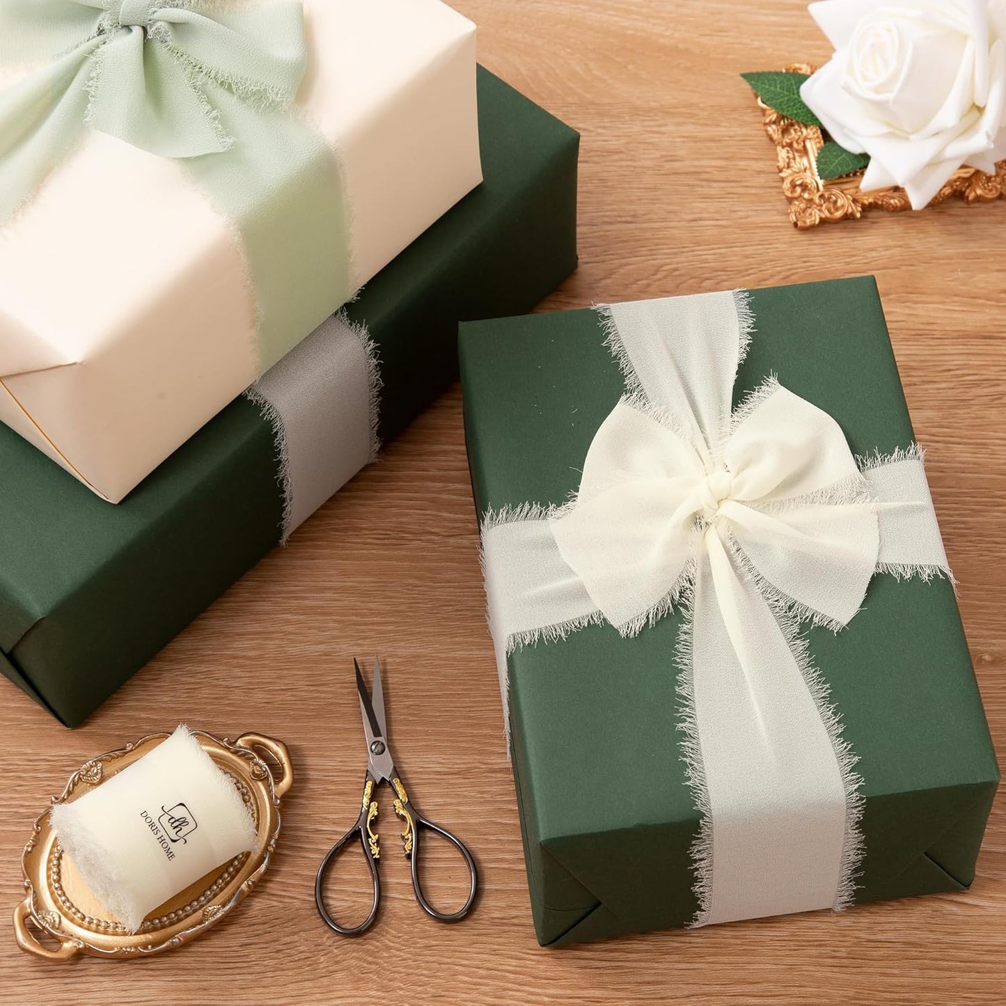 DORIS HOME Cream White Chiffon Ribbon for Flower Bouquet, 2" x21Yd Fabric Ribbon for Gift Wrapping, Handmade Frayed Ribbon for Wedding/Christmas Decorations